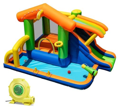 COSTWAY Inflatable Water Park, 8 in 1 Kids Bouncy Castle with Slide, Water Cannon, Football Goal, Basketball Hoop, Ring Toss, Splash Pool, Climbing Wall, Outdoor Blow Up Bounce House (with blower)