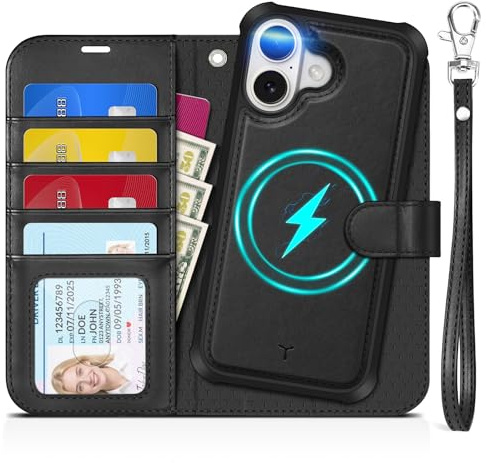 TUCCH 2-in-1 Detachable Wallet Case for iPhone 17 (6.3) 2025, Black | 4 Card Holders, RFID Blocking, Wireless Charging, Kickstand, Wrist Strap, Shockproof TPU, PU Leather, Magnetic, Folio Cover