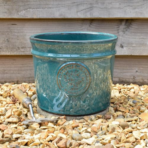 Bedwen 'Blossom Cylinder' Ceramic Plant Pot – 24cm Teal Glazed Outdoor Pot for Garden & Patio