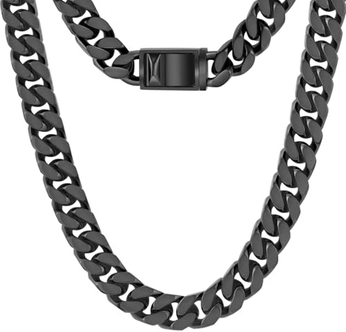 KRKC&CO Halskette Herren Schwarz, 12mm Massive Dicke Edelstahl Panzerkette, Hypoallergene Silberkette Goldektte Cuban Chain Kubanische Kette, Geschenk Herrenschmuck für Männer Jungen [Länge 46cm]