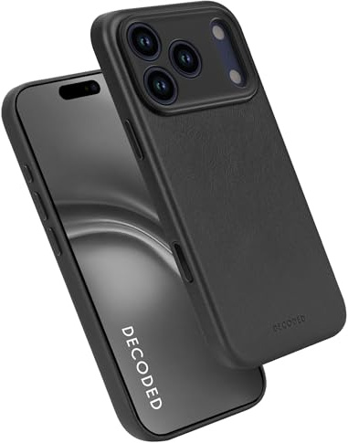 DECODED Leather Case for iPhone 17 Pro Max, Genuine ECCO Leather, MagSafe Compatible, Camera Ring Protected, Glass Action Button, Drop Protection, Scratch Resistant, Metal Buttons, Black