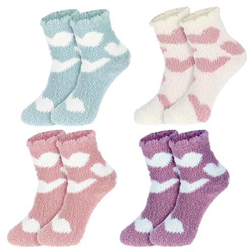 ChAusa 4 Pares Calcetine de Peluche para Mujer, Invierno Calcetine Vellón | Novedad Funky Lindo Calcetines Divertidos Calcetines Gruesos Mujer, para Mujeres y Niñas (Blanco, Rosa, Morado, Verde)