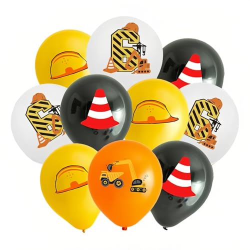 Tookala 6. Geburtstag Luftballons Orange Gelb Schwarz, 12 Stück Kran Bagger Kreativ LuftBallons Zahl 6, 6th Happy Birthday Ballons, Geburtstag deko Partydeko (Baumaschinen-Motiven)