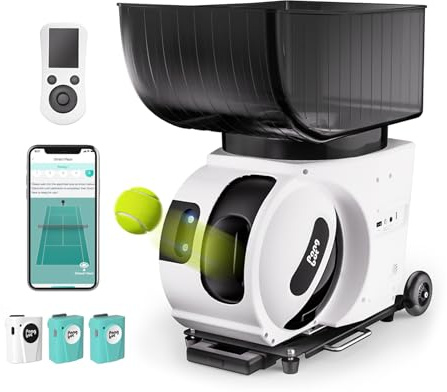 PONGBOT Tennisball-Maschine, App und Fernbedienung, benutzerdefinierte Bohrer, 150 Bälle, max. 80 km/h, 8+ Stunden Ausdauer, Dual-Motor für Topspin und Backspin