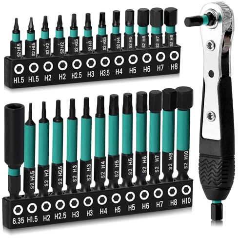 Hakkin 26 Stück Hex Bits Set Lang mit Ratchet Griff 60+25 mm Sechskant Schraubendreher 1/4 S2 Bitsatz für Akkuschrauber Hexagon Impact Bit H1,5/2/2,5/3/3,5/4/5/6/8/10