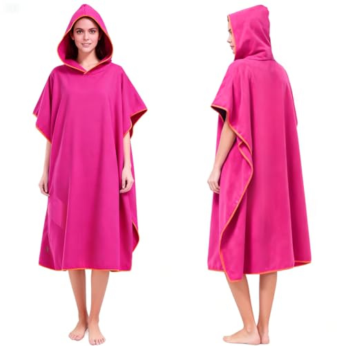 AUYAO Hooded Poncho Towel Adult Towel Wrap Robe Microfibre Changing Robe Towel with Pocket Oversized Towel Poncho Beach Universal Size Cover-Up Bath Towel with Hood for Swimming Surfing(Rose Red)