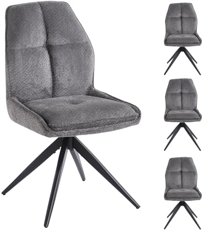 stone princess 2er Set Esszimmerstühle Drehbare: Stoffbezug Gepolsterter Sitz - Moderne Küchenstühle mit 360° Drehfunktion Rückstellmechanismus - Metallgestell in Matt Schwarz (CC006-dunkelgrau, 4er)