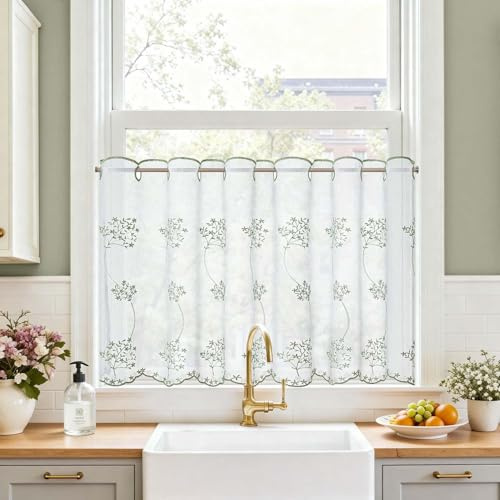 TOPICK Scheibengardine Bistrogardine Gardinenschals 1 Stück H60xB120 Grün | Lichtdurchlässig Küchengardinen für Küche modern Kurzgardine Wohnzimmer Küchenfenster Fensterschal Landhausstil Küchevorhänge