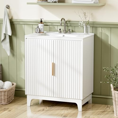 Bonnlo 30 inch Bathroom Vanity Unit with Basin, Under Sink Bathroom Cabinet with Slatted Door, White Finish Vanity Unit with Ceramic Sink for Family Bathroom
