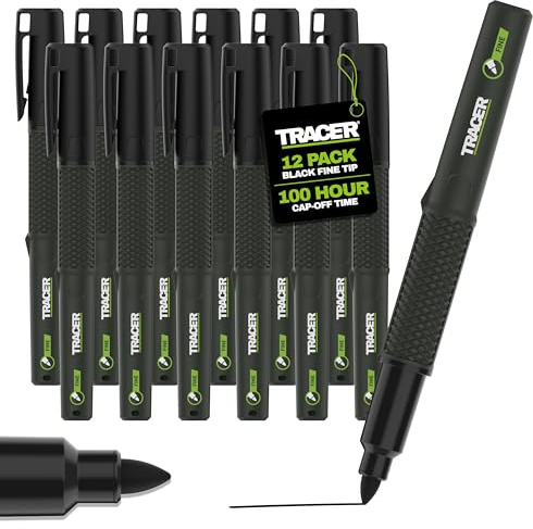 Tracer 2.0 Fine Tip Permanent Marker Pens Black x12, 100hr Cap-off | 12-pack of fast-drying black permanent markers — fine tip precision, 100hr cap-off protection, ideal for trade & site use