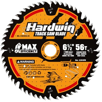 Hardwin 6-1/2 Inch Track Saw Blade 56 Tooth 20mm Arbor, 165mm Thin Kerf 1.8mm Carbide Tipped Circular Saw Blade - Fits Standard Plunge Cut Saws – Wood, Laminate, MDF & Plywood Cutting