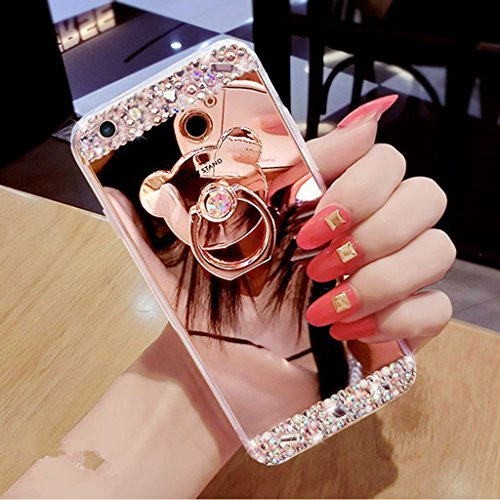 EMAXELERS iPhone 6S Coque Diamant Crystal Bling Glitter Sparkle Miroir Coque Couverture Etui with Cute Bear Ring Stand Holder pour iPhone 6/6S,Rose Gold Mirror with Bear Holder