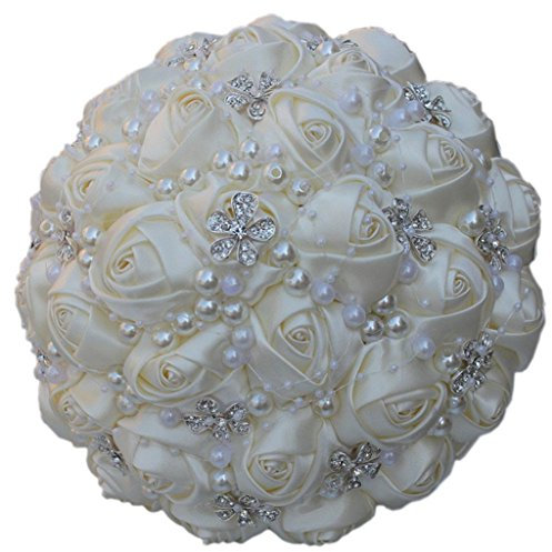 Fouriding Bouquet da Nozze Sposa damigella d'onore Nastro Rosa Diamante Perlato Fiore Artificiale Decorazione