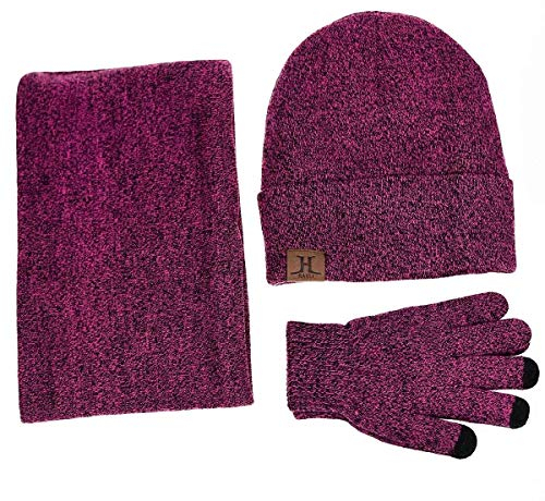 TMEOG Wintermütze Herren Mütze Schal Handschuh-Sets, Touchscreen Handschuhe Beanie Warme Mütze Strickmütze Winterschal Herren mit Fleecefutter (Hot Pink)