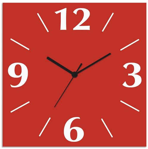 ARTLAND Wanddeko Wanduhr ohne Tickgeräusche Alu Funkuhr 30x30 cm Quadratisch Lautlos 4 Ziffern Farbig Schlichtes Design Rot S7KJ