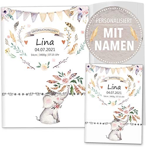 OLGS U-Heft und Impfpass Hüllen 3-teiliges Set Boho Freunde Tiere | Untersuchungsheft Schutzhülle & Impfpasshülle mit Namen (Uhefthülle, Impfpass Hülle Set personalisiert, Elefant)