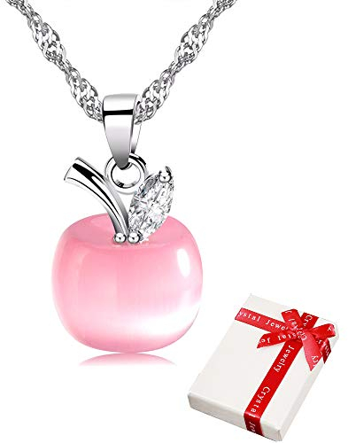 Collier Femme forme de pomme rose pendentif avec strass pour les filles adolescentes femmes rose Simulé Chat de pierre de l'oeil,cadeau de bijoux d'argent pour petite amie fille mère anniversaire 45cm