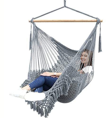 Chihee Hammock Chair Super Large Hanging Chair Soft-Spun Cotton Rope Weaving Chair, Hardwood Spreader Bar Wide Seat Lace Swing Chair Indoor Outdoor Garden Yard Theme Decoration Light Grey