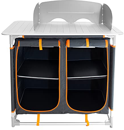 Milestone Camping Kitchen Units with Storage Compartments/Windshield and Cabinets/Heat Resistant Cooking Surface/Portable and Sturdy (Single Unit with Side Table and 4 Compartments)