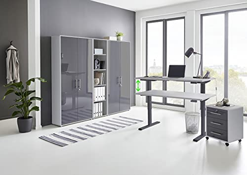 Büromöbel komplett Set mit elektrisch höhenverstellbaren Schreibtisch Arbeitszimmer e-Dition in Lichtgrau/Anthrazit Hochglanz lackiert/Gestell Anthrazit (Set 10)