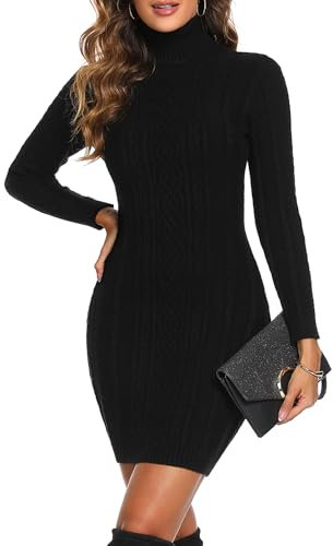 Aottori Black Jumper Dress for Women UK Knitted Sweater Ladies Autumn Winter Turtleneck Jumper Dresses Long Sleeve Pullover Tops Black L
