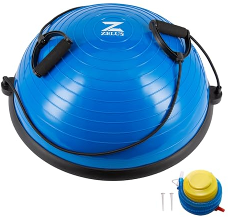 ZELUS Balance Ball Trainer Anti-Rutsch Balance Ball Halbkuge mit Widerstandsbändern Gymnastikball für Yoga Fitness, Krafttraining, Core Training, Gleichgewichtstraining(Blau)