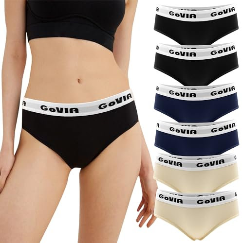 GOVIA Damen Unterhosen Baumwolle Sport Unterhose Unterwäsche Frauen Panty Hipster Set 6er Pack Schwarz Beige Marineblau 3922 BHBU S