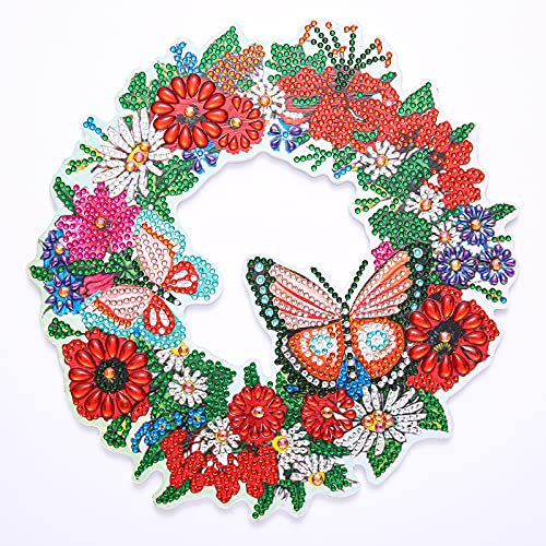 LUSandy DIY 5D Butterfly Flowers Diamond Painting Wreath Kits for Adults Special Shaped Crystal Rhinestone Flowers Diamond Art Wreath by Number Kits Front Door Home Wall Decor (9 inch)