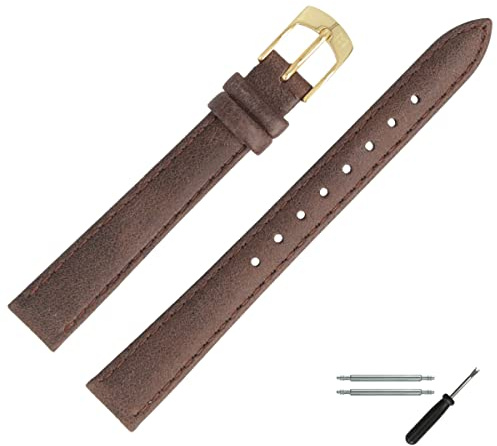 MARBURGER Uhrenarmband 12mm Leder Braun Gold Mit Naht - Montage Set 7711230000220