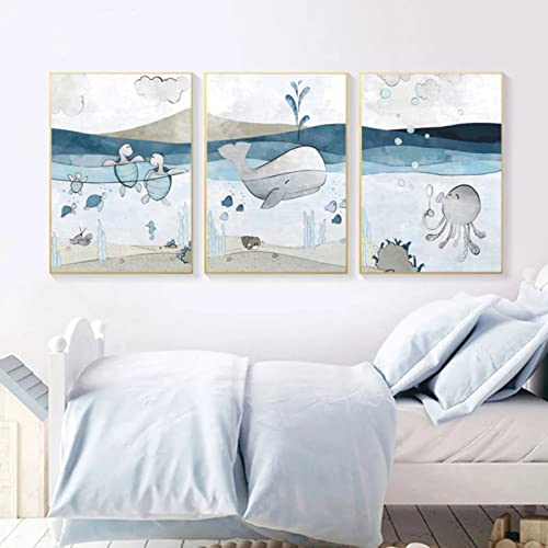 Sarah Duke 3er Set Poster Kinderzimmer, Cartoon Meereslebewesen Kinderposter Kinderzimmer, Ohne Rahmen Wandbilder, Leinwand Blider Set für Junge und Mädchen (30 x 40 cm)