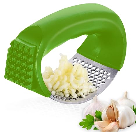 AEX Best Garlic Crusher - Easy to Use Stainless Steel Garlic Crusher and Mincer Chopper - Garlic Press Rocker with Bottle Opener - Heavy Duty Garlic Presser - Durable Ginger Crusher (Green)