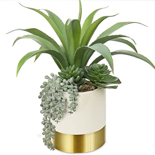 Hollyone 30CM Artificial Succulent Plants, 12 Fake Aloe with Succulents in Gold Ceramic Pot, Decorative Faux Plant Potted Indoor for Home Decor, Living Room, Shelf, Table, Desk, Office Decorations