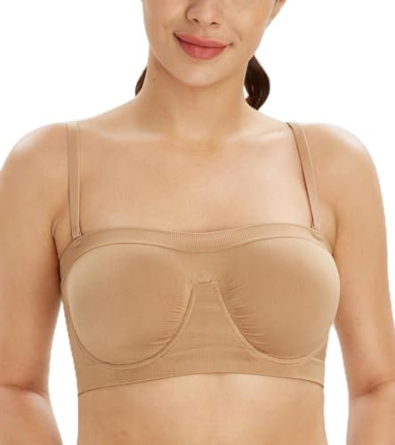 Lemorosy Women's Non Padded Underwire Strapless Bra Multiway Bandeau Tube Top Bralette (Beige,L)