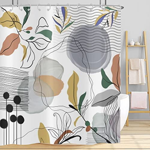 Hnmdmyi Duschvorhang Boho 180x200, Mid Century Abstrakt Grau Grün Gelb Bunte Blätter Pflanze Badewanne Vorhang Modern Minimalistisch Ästhetische Kunst Wasserdicht Polyester Stoff Waschbar Badevorhang