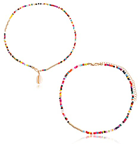 IUDWCG 2 Pcs Bohemian Shell Necklace Women's Gold Beaded Necklace Colourful Pearl Necklace Summer Bohemian Necklace Beach Layered Ethnic Necklace Jewellery Women and Girls