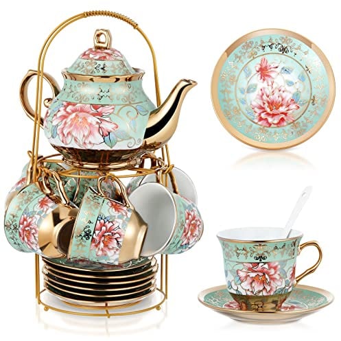 Zhehao 20 Pcs Porcelain Tea Set for Adult, with Metal Holder, Fresh