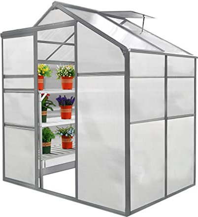 MonsterShop - Serra in Alluminio e Policarbonato Trasparente, Telaio in Alluminio, Finestra nel Tetto e Porta Scorrevole, 1.8m x 1.8m con 2 Scaffali