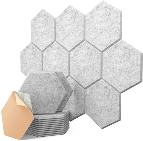 Hexagon Akustikplatten Selbstklebend, 35x30x0.9cm, 12 Stück, Hohe Dichte Schallabsorber für Decken-/Tür-/Wanddekoration und Akustische Behandlung, Studio/Gaming Deko