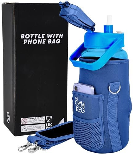 Gym Keg 2.2L Water Bottle Carrier with Shoulder Strap - Includes Phone Holder - Leak Proof - Bottle Holder Bag - Large Capacity - Gym Water Bottle with Sleeve for Active Lifestyle - Classic Blue