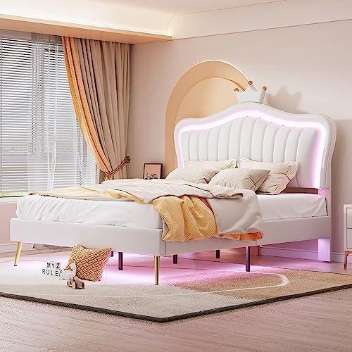 FEZTOY Kinderbett Polsterbett 140x200, LED Bettgestell für Mädchen, mit verstellbares Kopfteil, Kronen-Doppelbettgestell aus PU-Leder mit Lattenrost und Rückenlehne, ohne Matratze (Weiß)