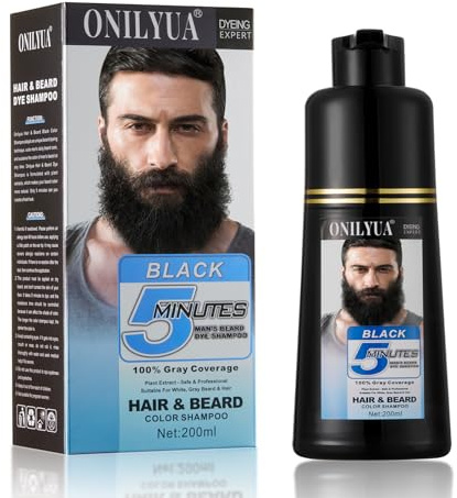 Men's Long-Lasting Black Hair Dye & Root Touch Up for Gray Coverage - 5 Minute Natural Beard & Mustache Coloring Shampoo 3-in-1