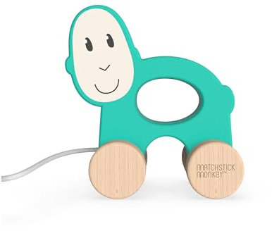 Matchstick Monkey Holzspielzeug Nachzieh Spielzeug mit Baumwollschnur - AFFE grün - fördert Feinmotorik für stundenlangen Spielspaß - ab 12 Monaten - aus Buchenholz - Farben auf Wasserbasis