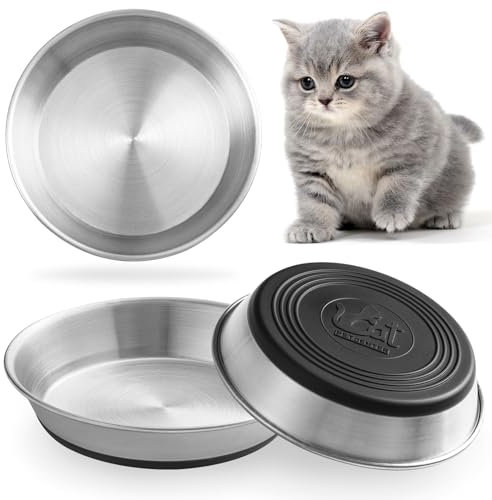 WROSWT Stainless Steel Cat Bowls,Whisker Friendly Shallow Cat Dishes for Food and Water,Non-Slip Silicone Bottom,Heavy Duty,Replacement Kitten Metal Plate for Elevated Stands,3 Pack