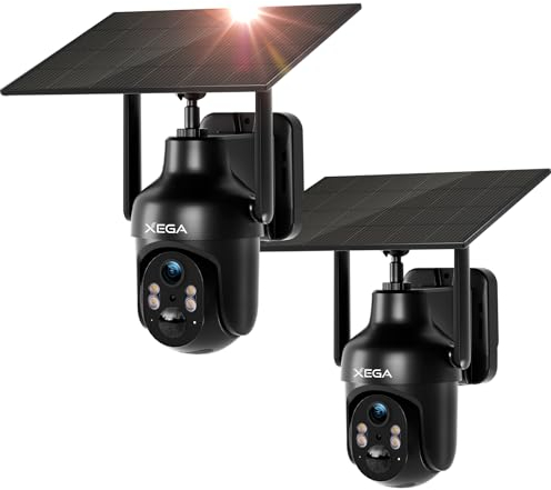 Xega Cámara Vigilancia WiFi Exterior Solar 2 Piezas, 2K HD Visión Nocturna en Color, 7800mAh Batería Incorporada, Detección Humana PIR Audio Bidireccional Nube/Tarjeta TF WiFi 2,4 GHz Inalámbrica IP66