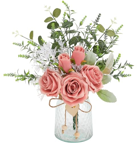 Floralsecret Faux Flowers with Vase Artificial Pink Rose Flowers in Vase Fake Eucalyptus Plant Floral Arrangement for Table Centerpieces, Baby Shower, Home Kitchen Office Coffee Shop Decorations