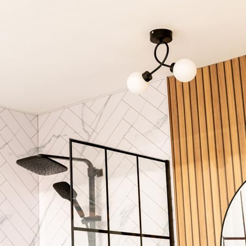 ValueLights | Orbital 2 Way Matt Black Metal Twist Ceiling Light with a Opal Glass Globe Lamp Shade | Bath Ceiling Lights, Home Décor & Improvement Essential