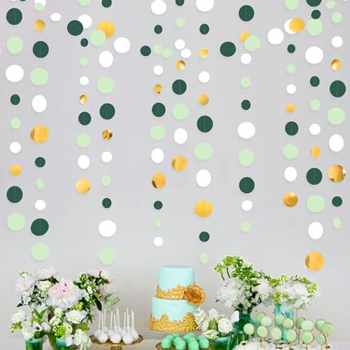 46Ft Sage Green Gold Circle Dots Garland Party Decorations Gold Green Hanging Paper Polka Dots Streamer for Jungle Safari Wild Woodland Theme Birthday Wedding Graduation Baby Shower Anniversary Decor