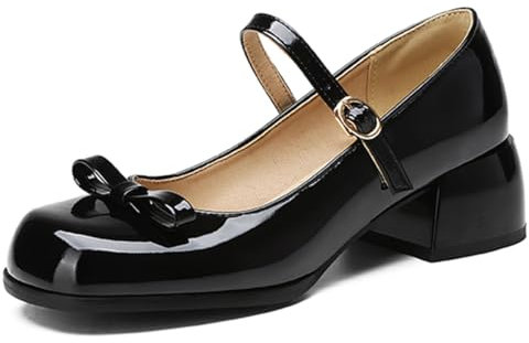 Roimaash Vintage Mid Heels Mary Janes for Women Square Toe Dressy Pumps with Bow Sweet School Costume Shoes Block Heels Daily Shoes Plus Black Size 41