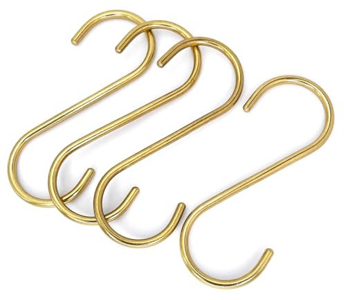 DaylyFav 4 Pack Pot Hanging Hooks Brass S Hooks Hanging Planter, Kitchen Hooks Hanging Pots Pans Cups Copper S Hooks Hanging Coat Bags Jeans Towel Clothes (3.75in 0.53oz Each Hook)