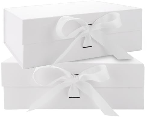 MUXHEL 2 Stück Weiß Geschenkbox mit Deckel, 31 x 22 x 10cm Große Magnetische Geschenkverpackung Box, Faltbare Geschenkkarton für Hochzeit Geburtstag Jubiläen Weihnachten